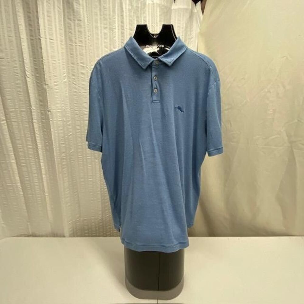 Tommy Bahama Polo Shirt Mens XL Blue Stripe 100% Cotton Marlin Logo Casual(402-4